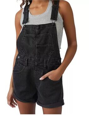 We The Free Black Denim Short Overalls